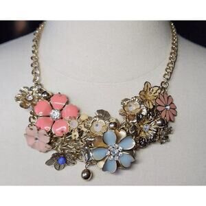 Rhinestone gold chain, pink and blue flower floral statement bib necklace